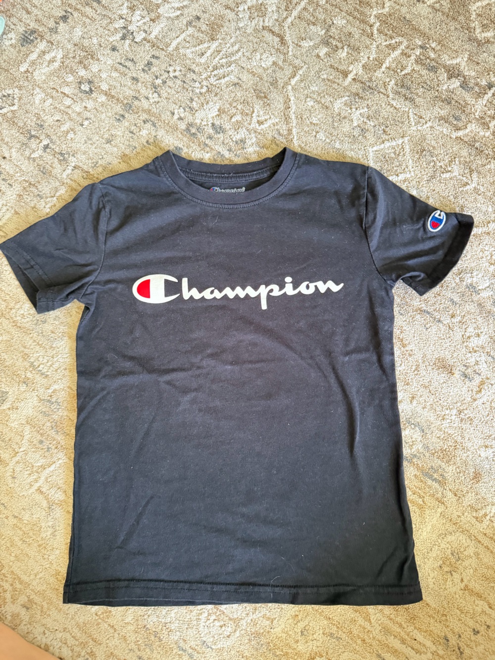 Champion Black Crewneck Tee with White Script and Red Detail
